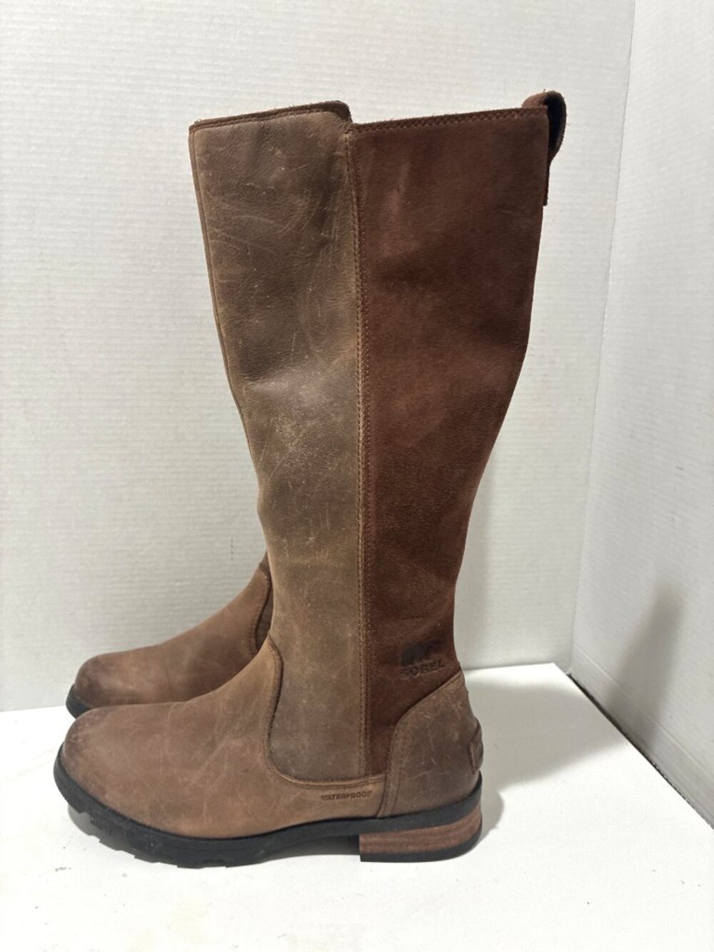 Sorel Emelie Tall waterproof boots two-tone brown full-grain leather size 6